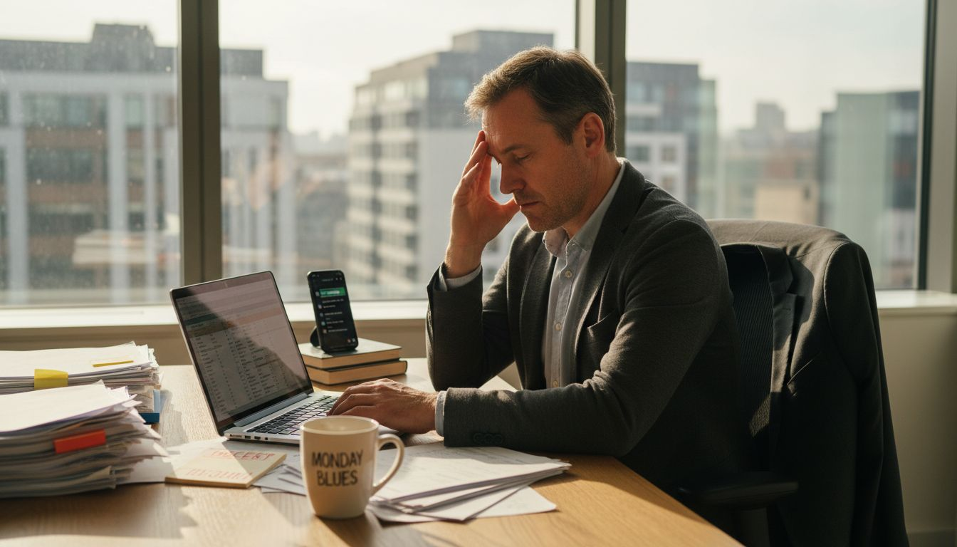 Manager tired in cluttered corner office