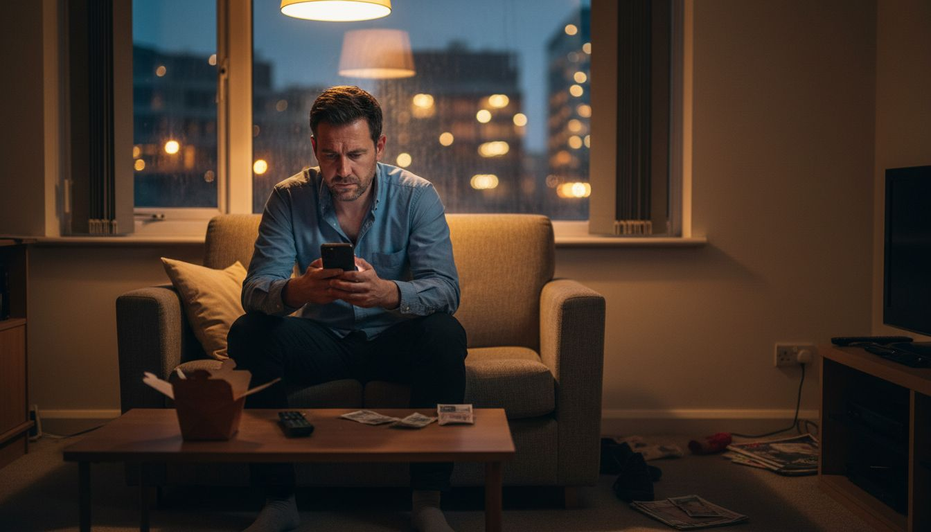 Man showing stress in messy apartment living room