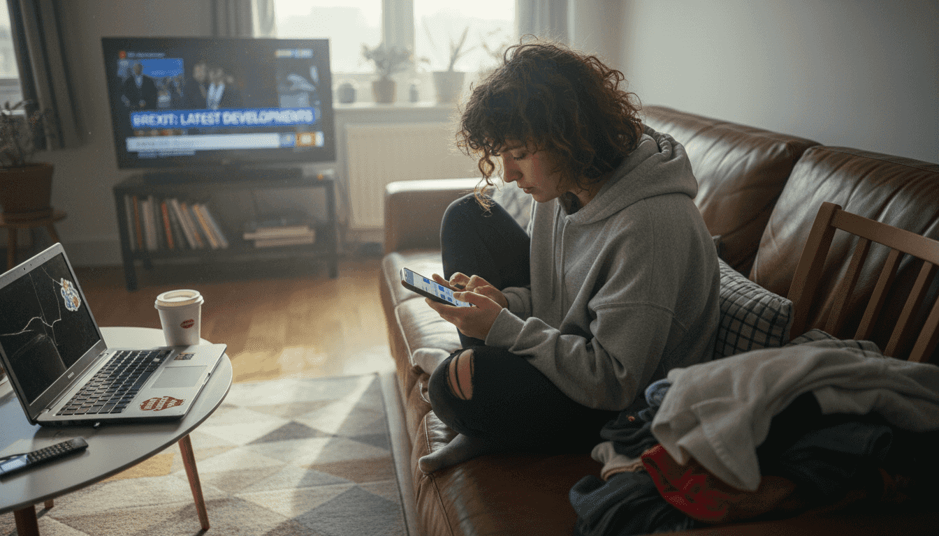 Young woman scrolling social media in apartment