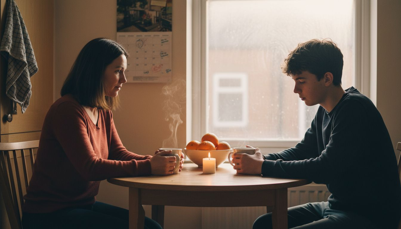 Family sharing morning tea ritual in kitchen