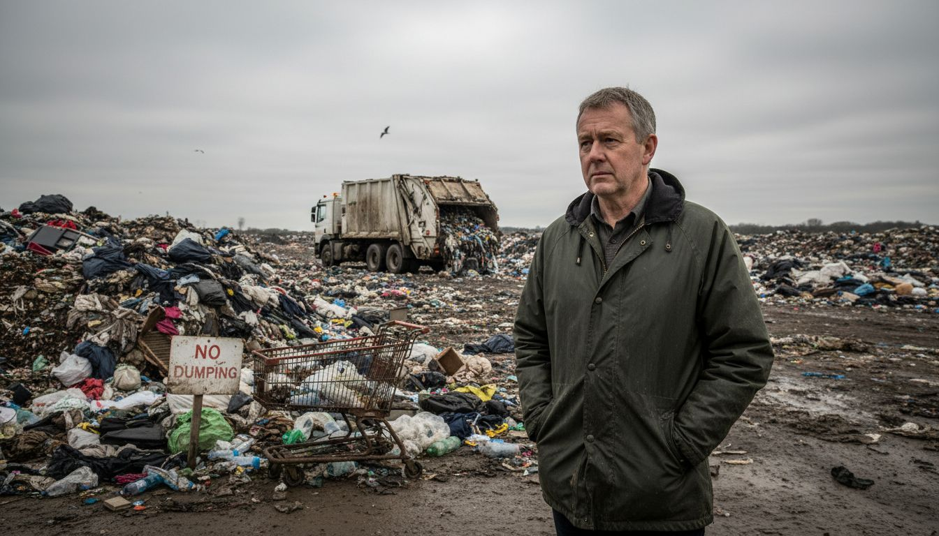UK landfill with discarded clothing and packaging