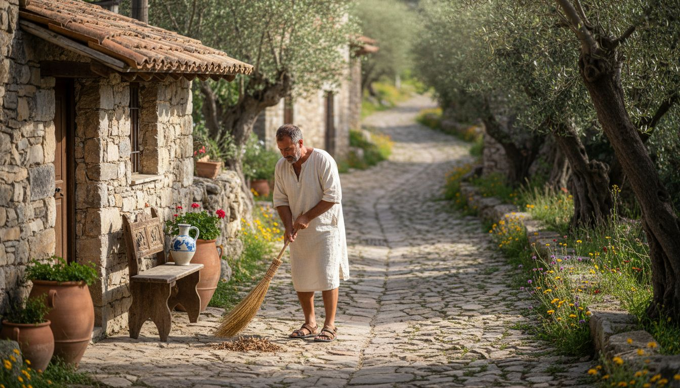 Man sweeping outside stone house in village