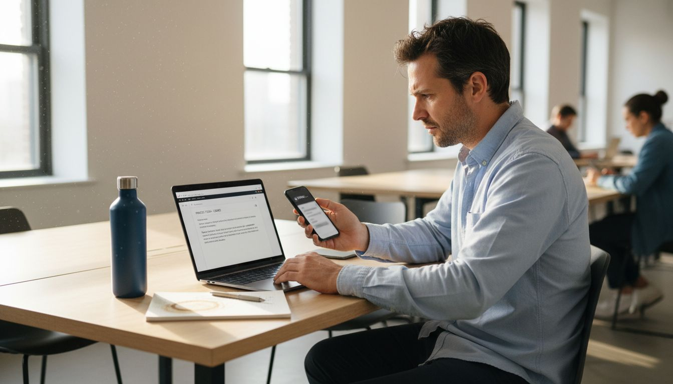Office worker distracted by smartphone notification
