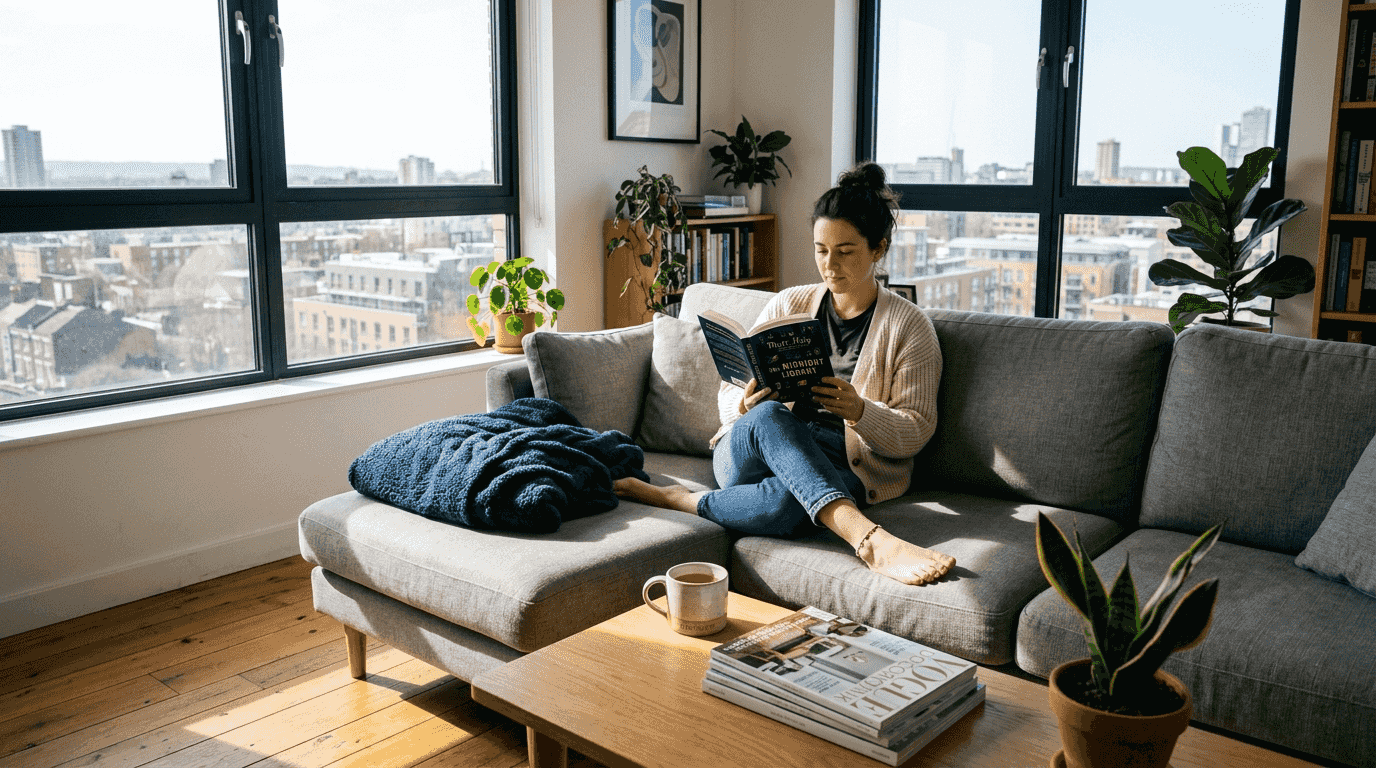 Woman reading in bright apartment living room