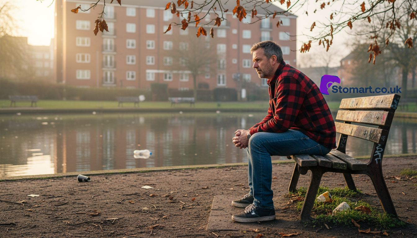 Man alone in city park reflecting