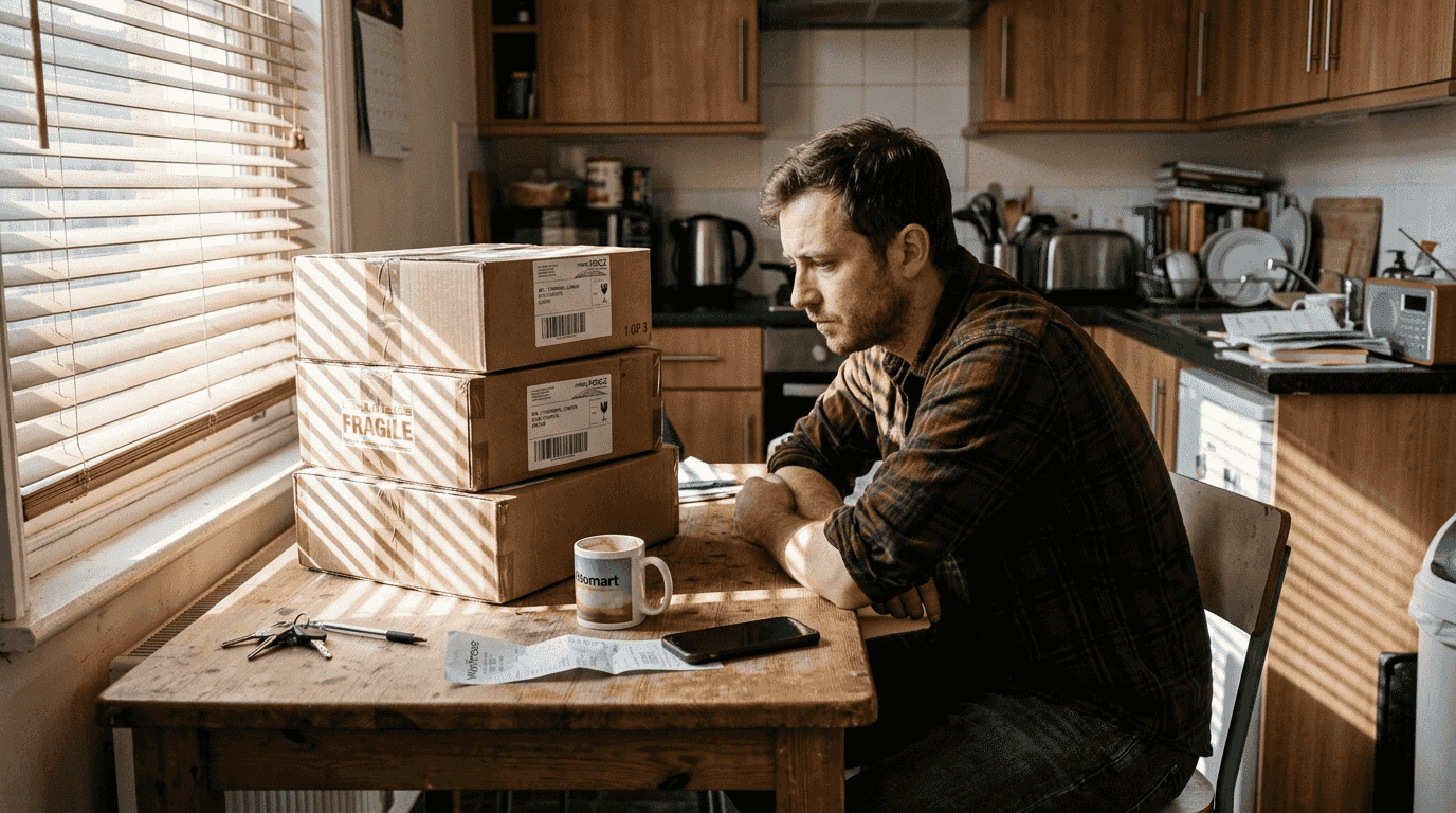 Man looks overwhelmed by excess possessions