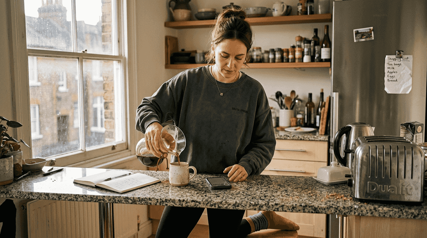 Woman pouring coffee during morning kitchen habit
