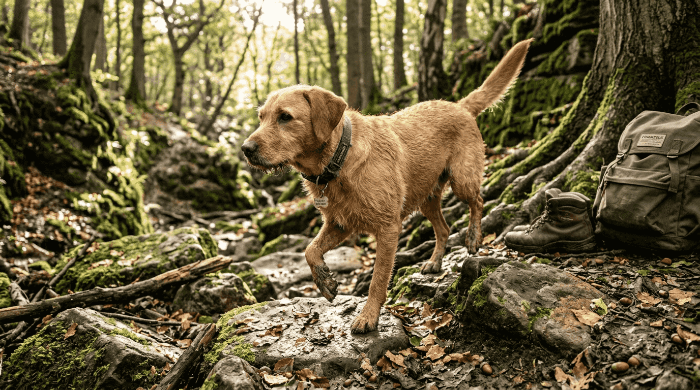 Dog balancing on rocky woodland path