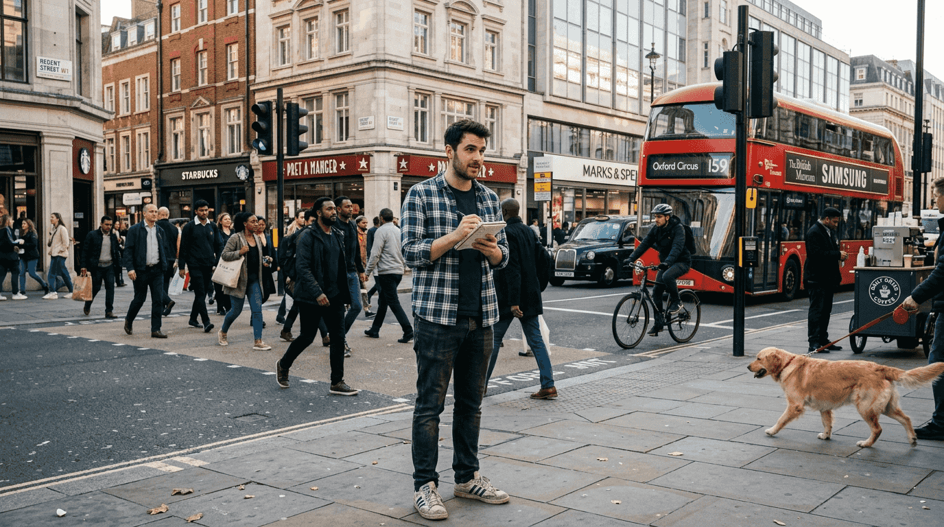 Man observing city street, taking notes
