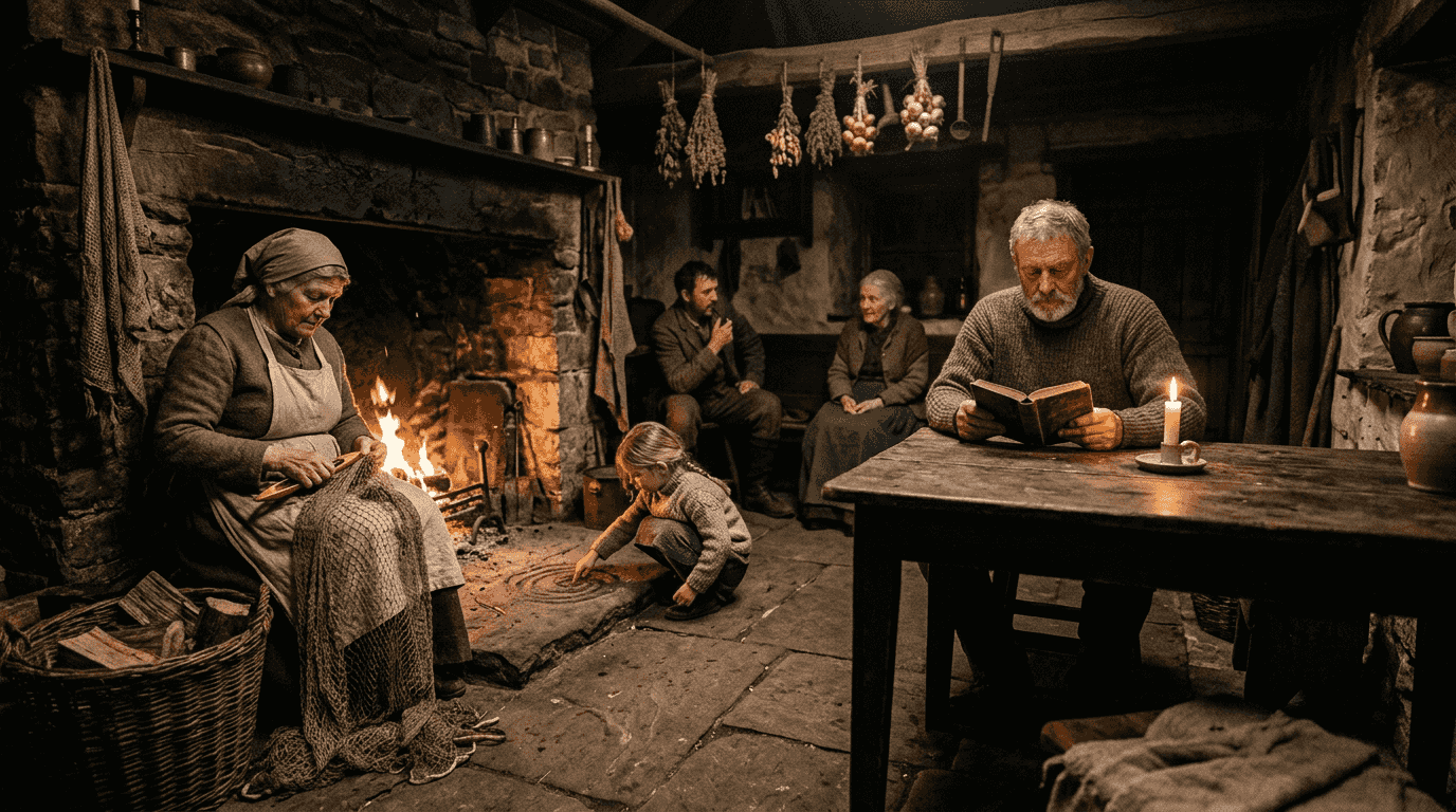 Villagers gather by candlelight before electric lighting