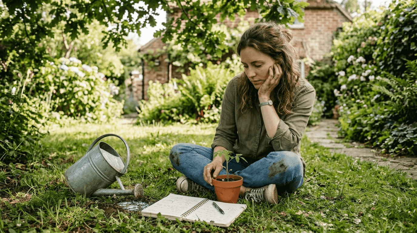 Person reflecting on growth beside seedling