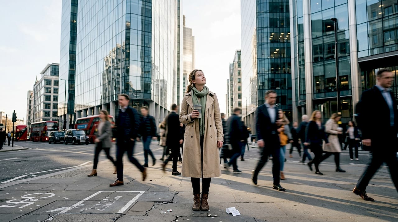 Woman observing cityscape on busy street
