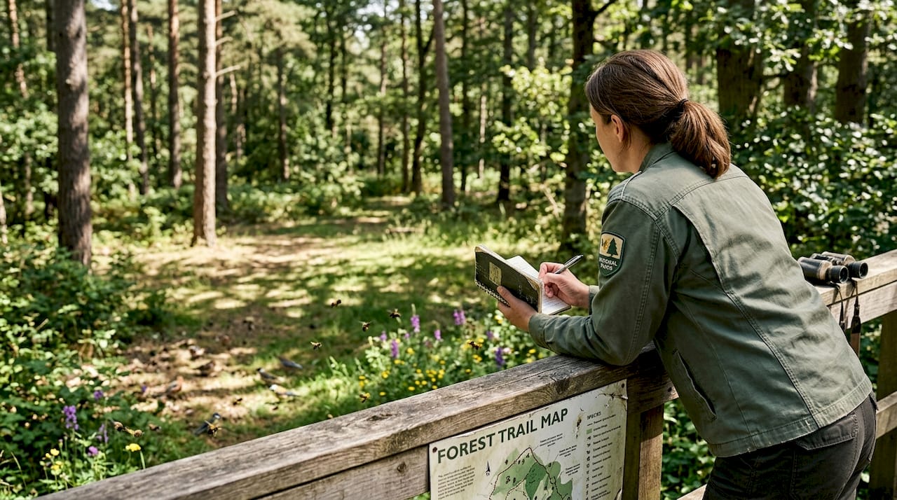 Forest ranger observing birds and bees in forest