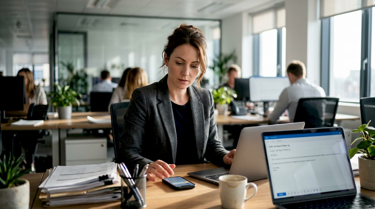 Distracted woman checking phone in office
