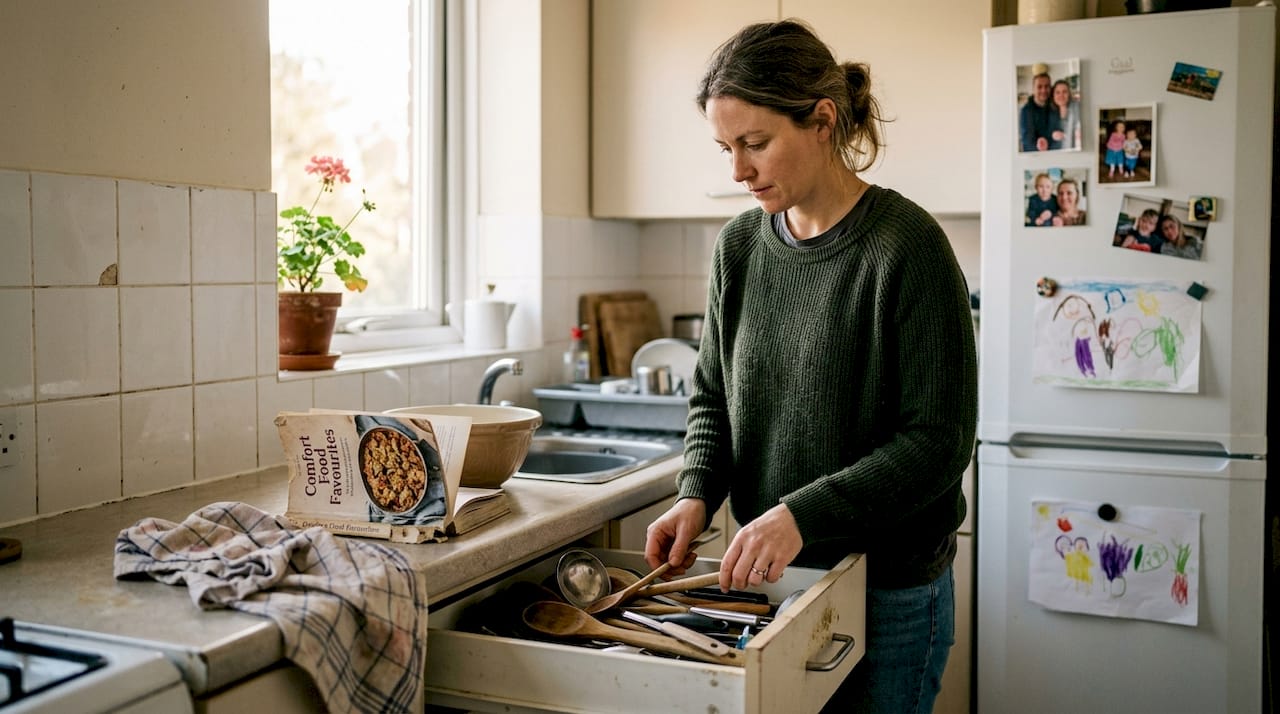Woman sorts utensils in cozy apartment kitchen