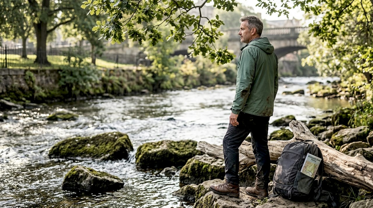 Hiker observing river flowing past rocks