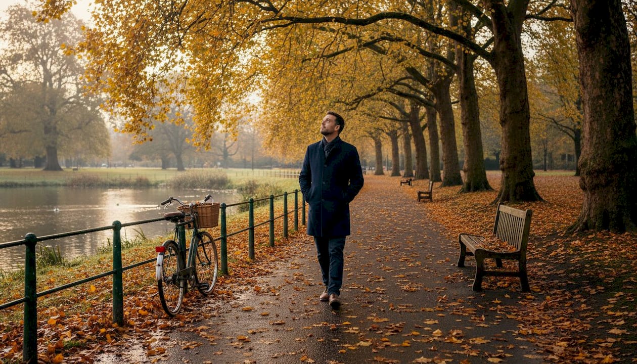Man walking city park path in morning