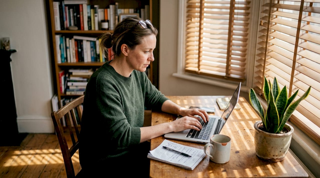 Woman working at a sunlit home office desk