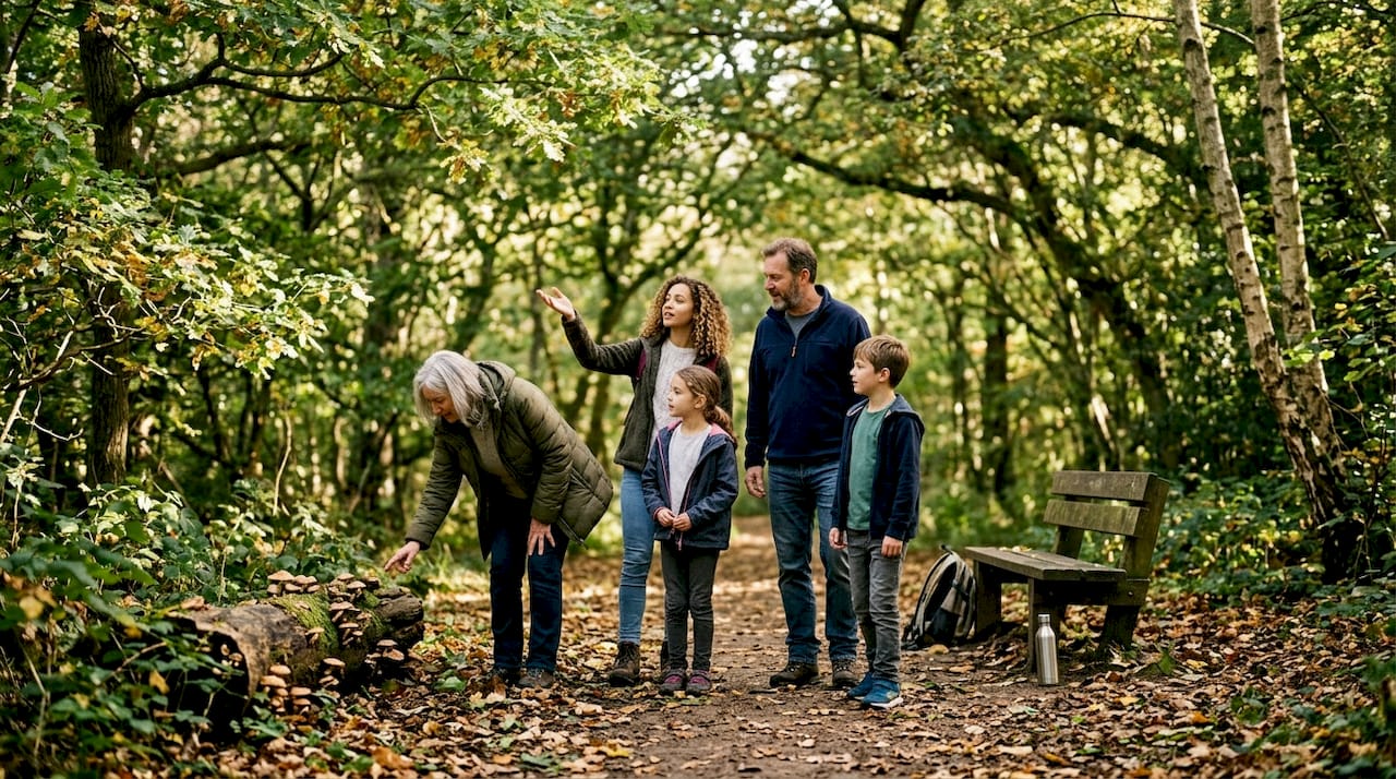 People walking and talking on a woodland path