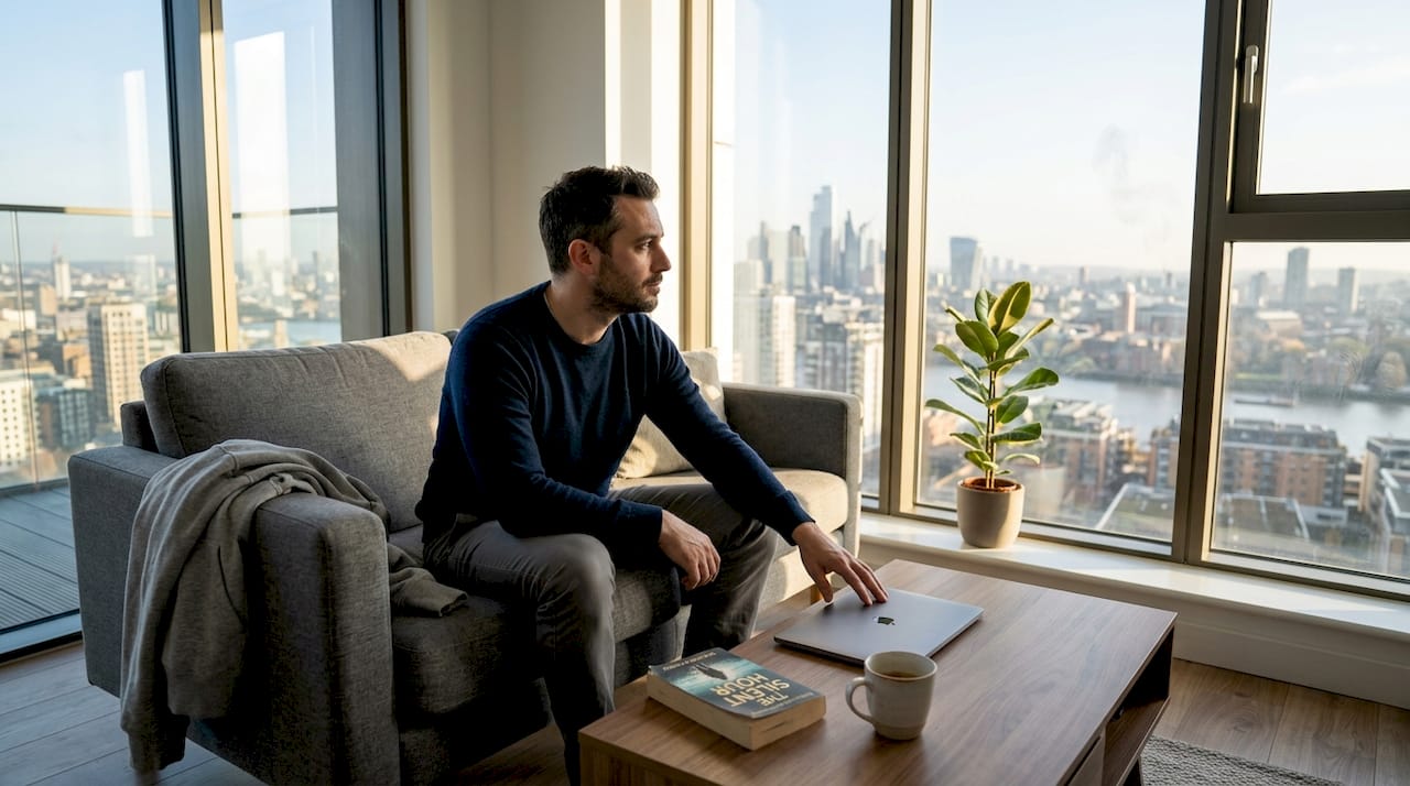 Man alone looking out apartment window