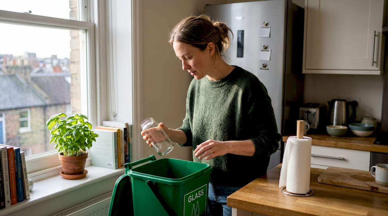 Woman disposing waste in kitchen recycling bin