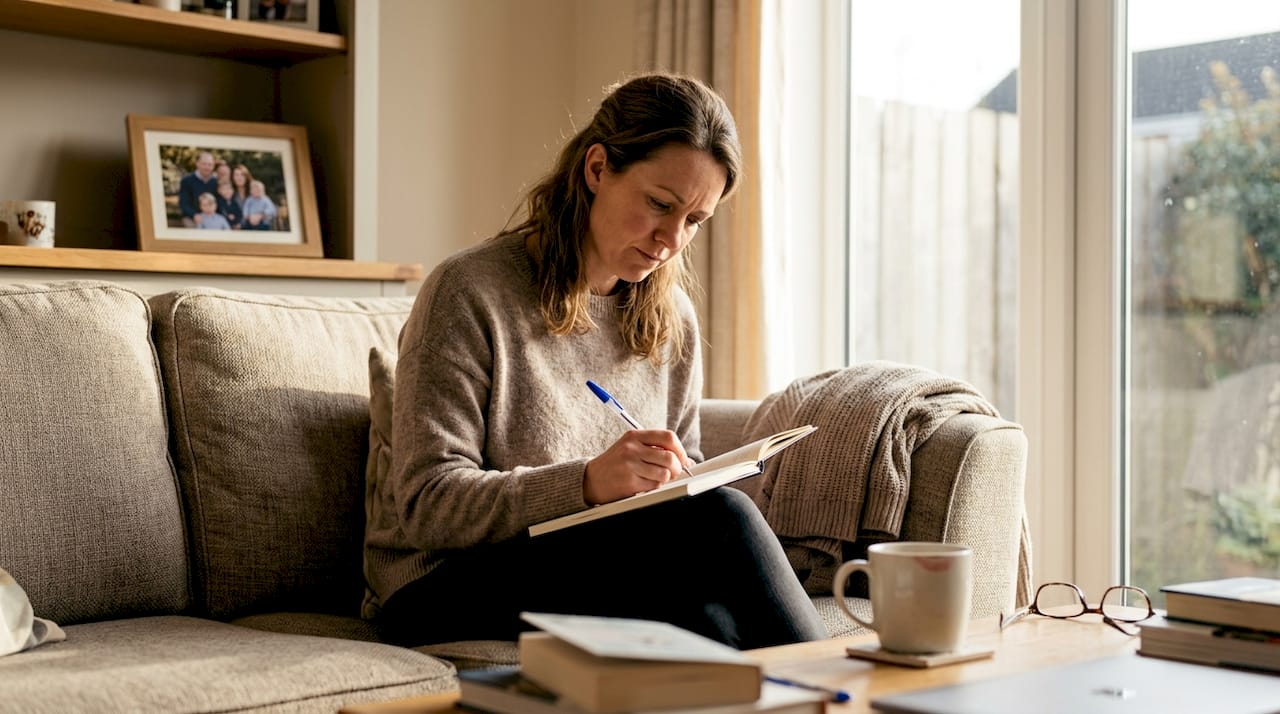 Woman reflecting and journaling in living room