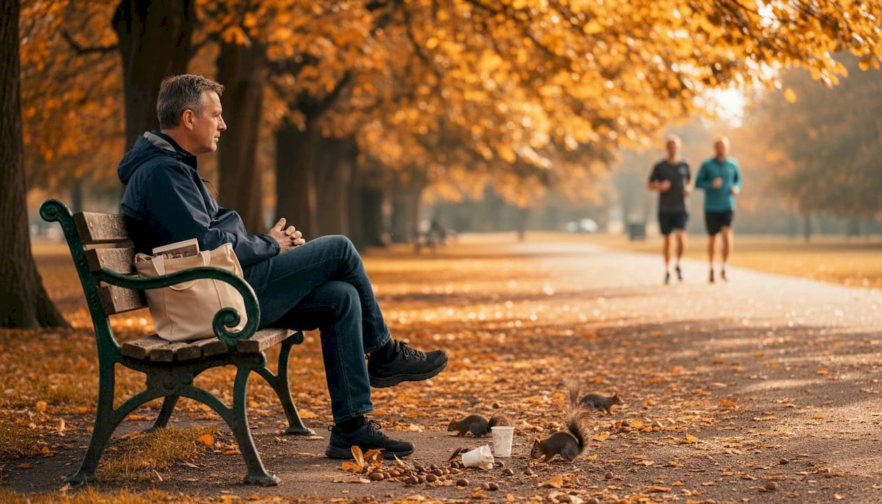 Man observing nature from autumn park bench