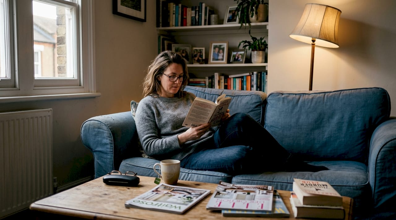 Woman reading alone in cozy living room