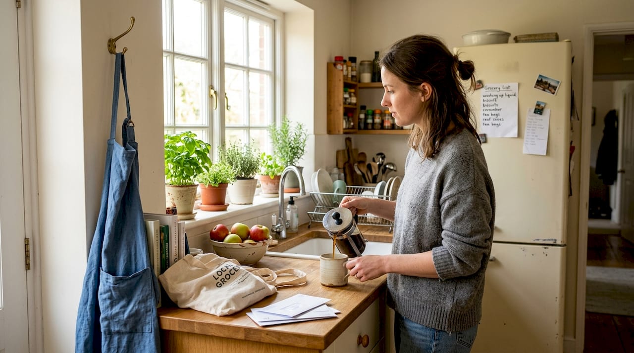 Woman in kitchen reflecting on sustainability