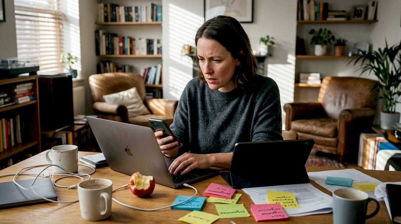 Woman overwhelmed by multiple devices, home workspace