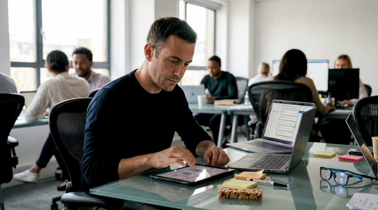 Professional man checking multiple devices at work
