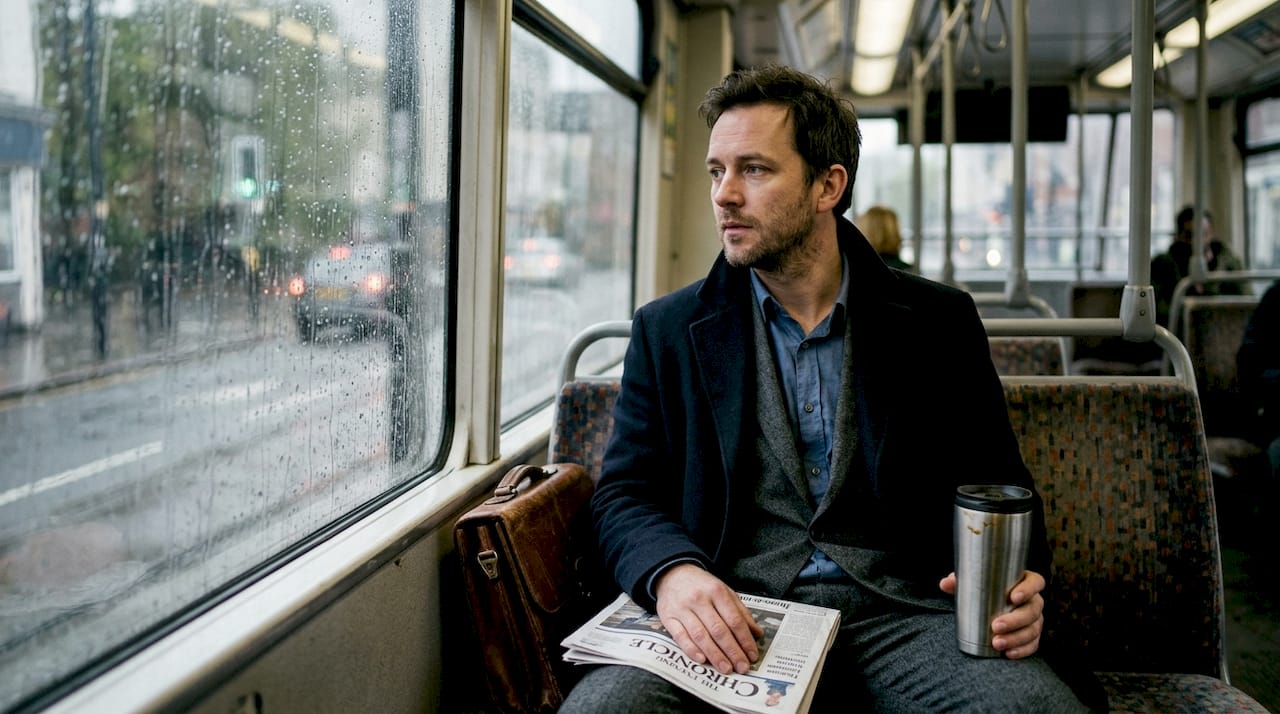 Man reflecting during rainy urban commute