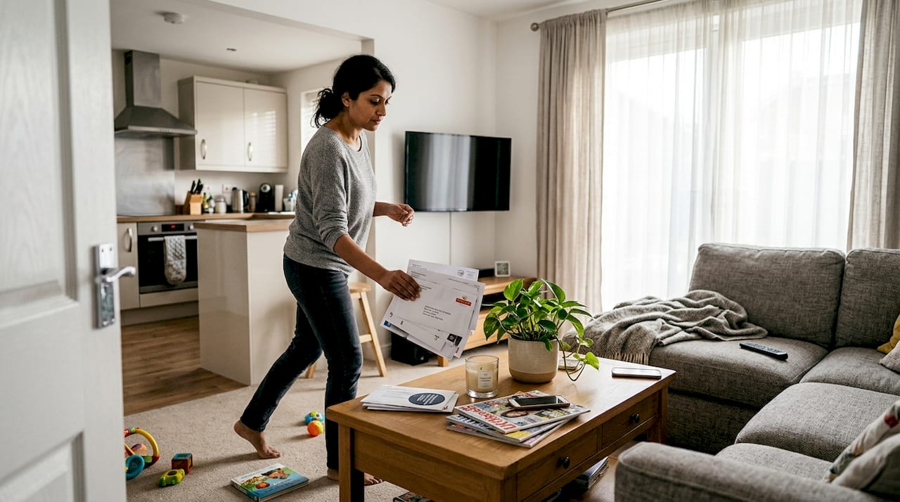 Woman in cluttered modern living room