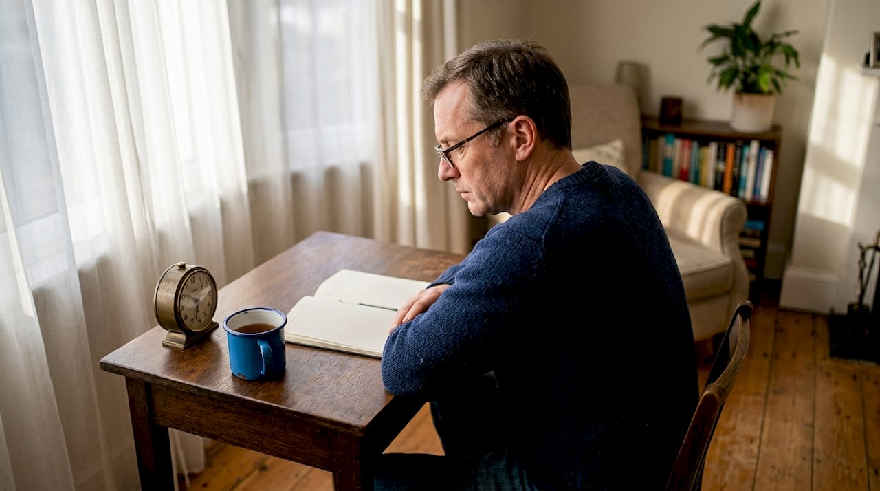 Man journaling in lived-in home environment