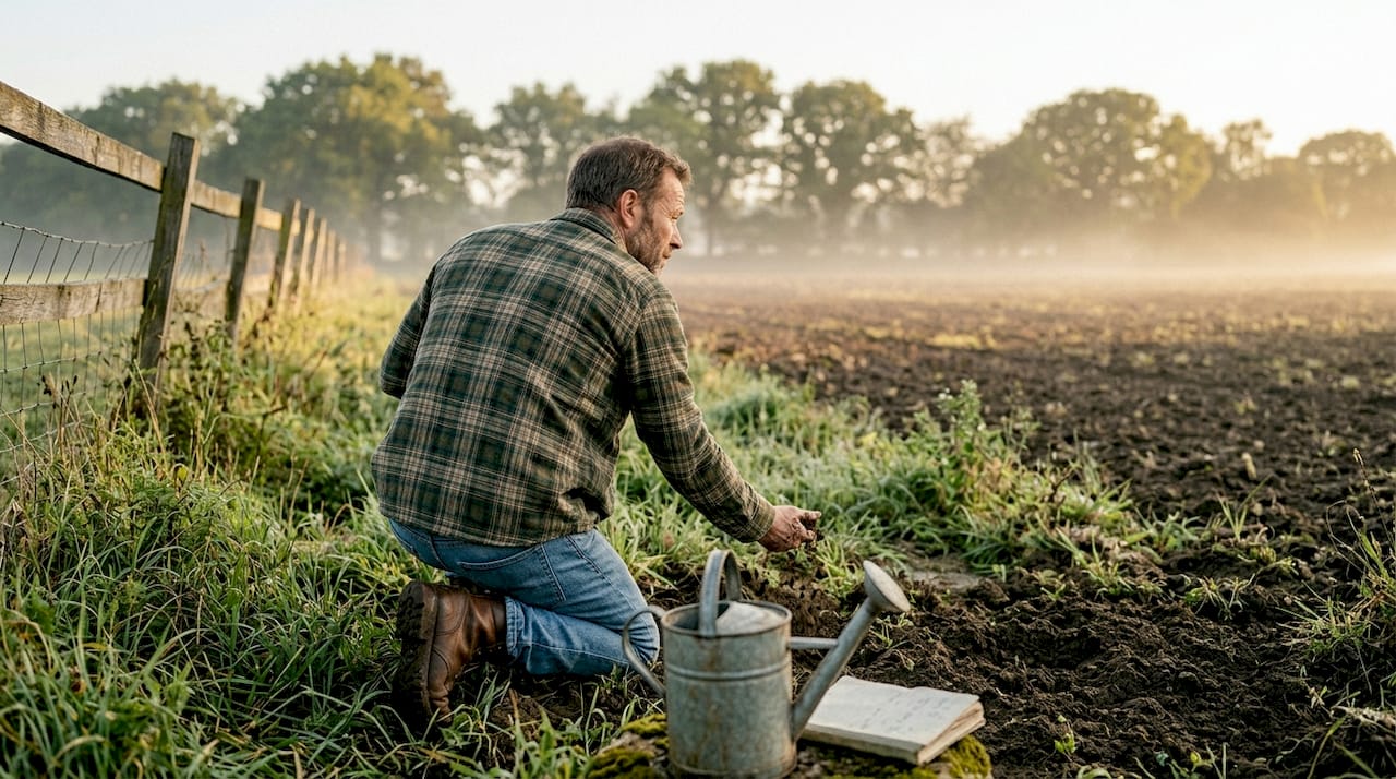 Farmer checking soil in misty field
