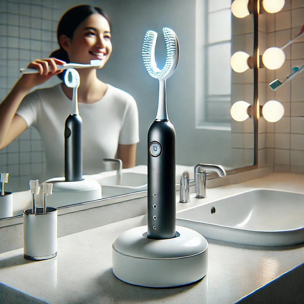 A realistic, high-quality photo of a 360-degree electric automatic toothbrush in a modern bathroom setting. The toothbrush is sleek and futuristic