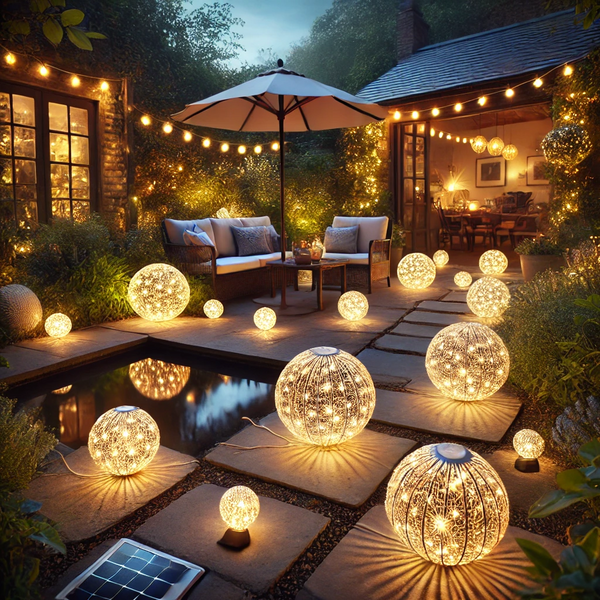 A beautifully lit outdoor garden at dusk featuring glowing garden ball lights. The scene showcases a cozy backyard with various-sized LED garden ball 