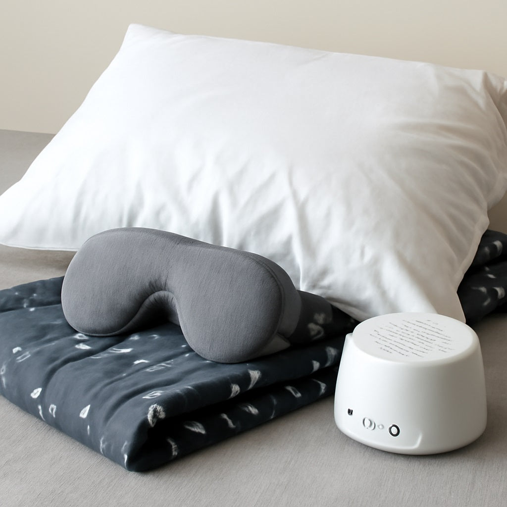 A close-up shot of four sleep-enhancing products on a soft gray fabric surface: a fluffy white pillow, a contoured memory foam sleep mask