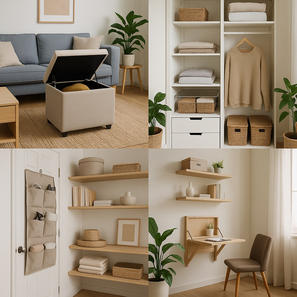 A collage of four neatly organized home interiors showcasing smart storage solutions..