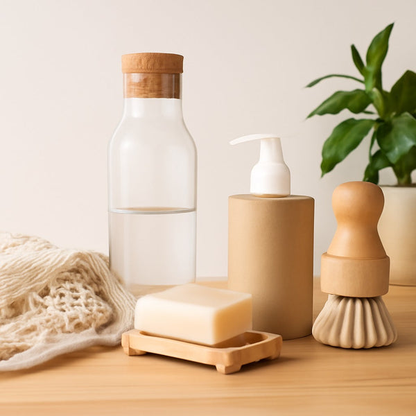 A collection of eco-friendly household items arranged on a light wood table, including a glass bottle with a cork stopper, a minimalist soap dispenser, a bamboo dish brush