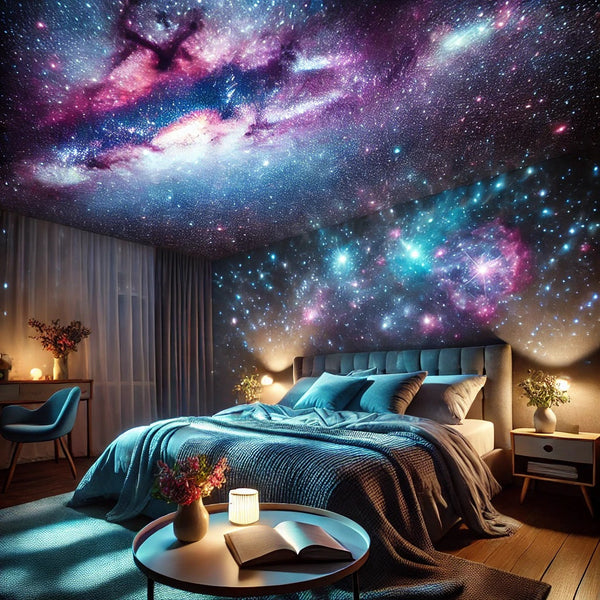 A cozy bedroom illuminated by a Night Light Galaxy Starry Sky Projector. The ceiling and walls are filled with a mesmerizing galaxy of stars and nebul