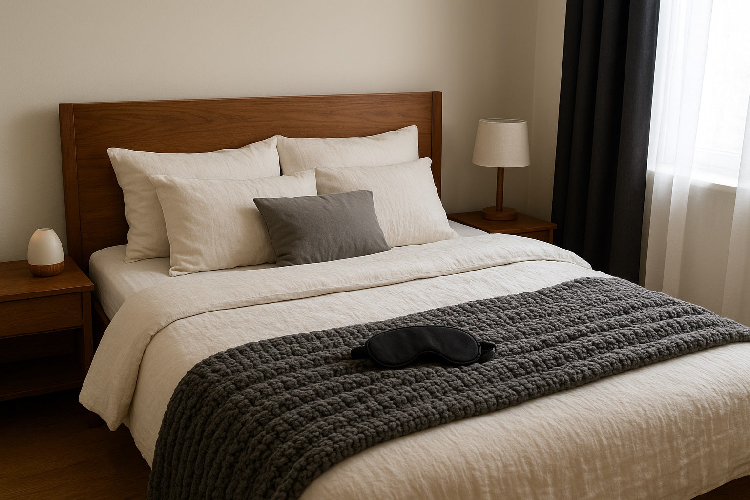 A cozy bedroom with a wooden headboard, white bedding, a chunky gray blanket, a black sleep mask, blackout curtains, and soft natural light coming through the window.