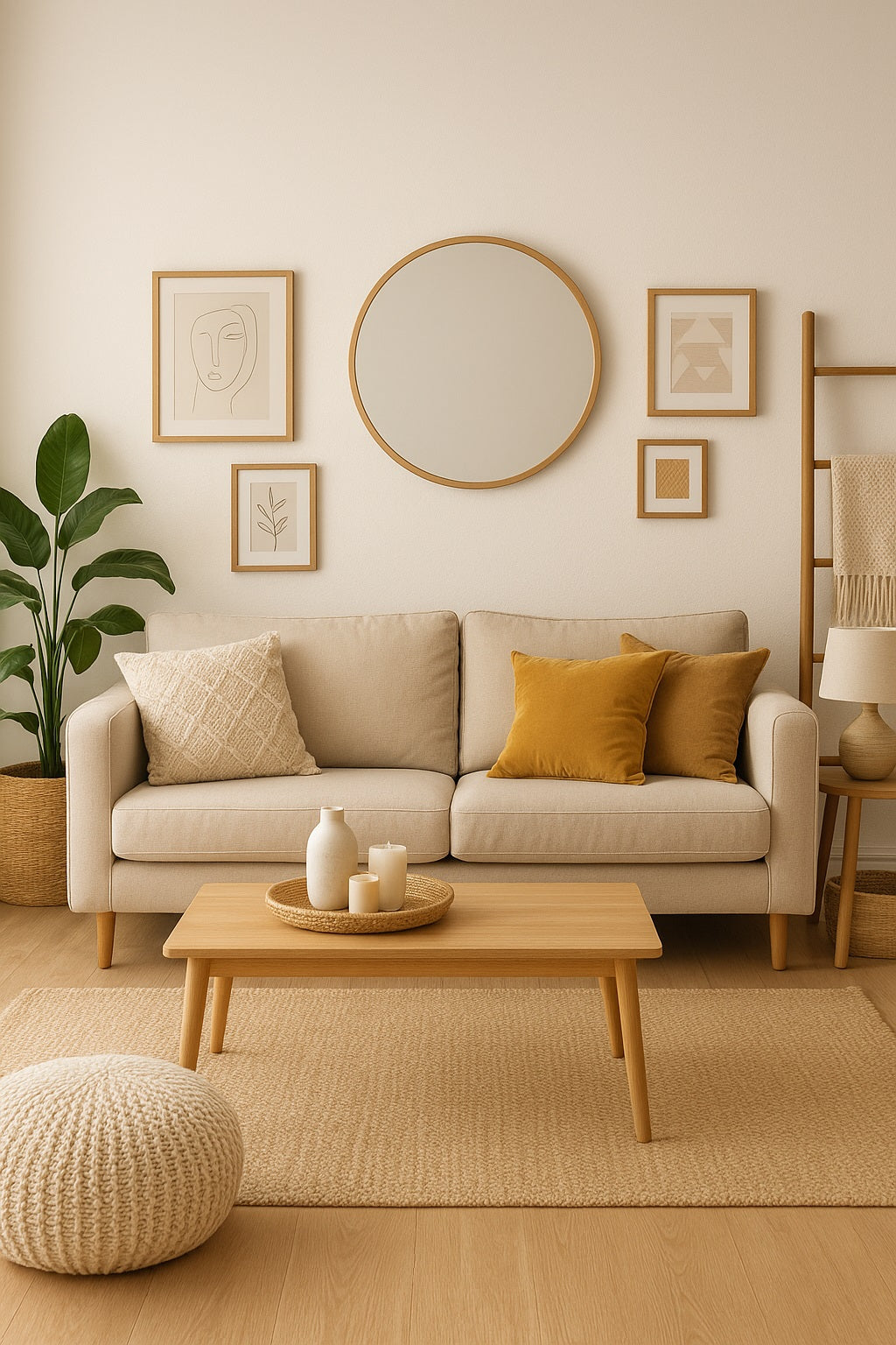 A cozy living room with a beige sofa decorated with mustard yellow and cream cushions, a light wooden coffee table with candles and vases, a woven pouf, and a neutral rug.
