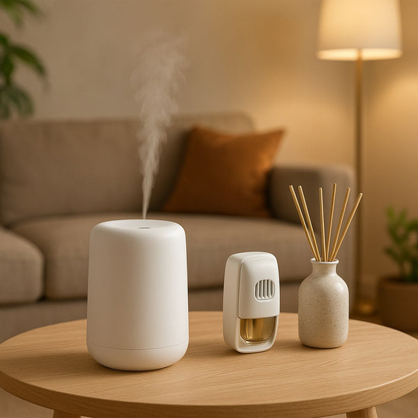 A cozy modern living room with natural lighting, decorated with stylish furniture and a sleek smart aroma diffuser releasing a gentle mist, symbolizing home fragrance