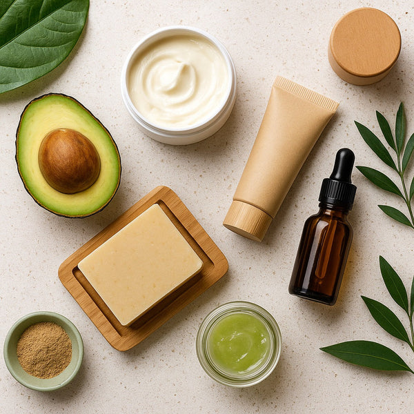 A flat lay of eco-friendly skincare products, including a jar of cream, bar soap on a wooden dish, glass serum bottle, bamboo-packaged tube, avocado half, and green leaves arranged