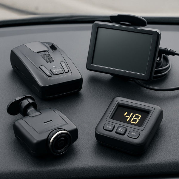 A flat lay of essential photography gear arranged neatly on a wooden surface, including a DSLR camera body, multiple lenses, a tripod, LED light,