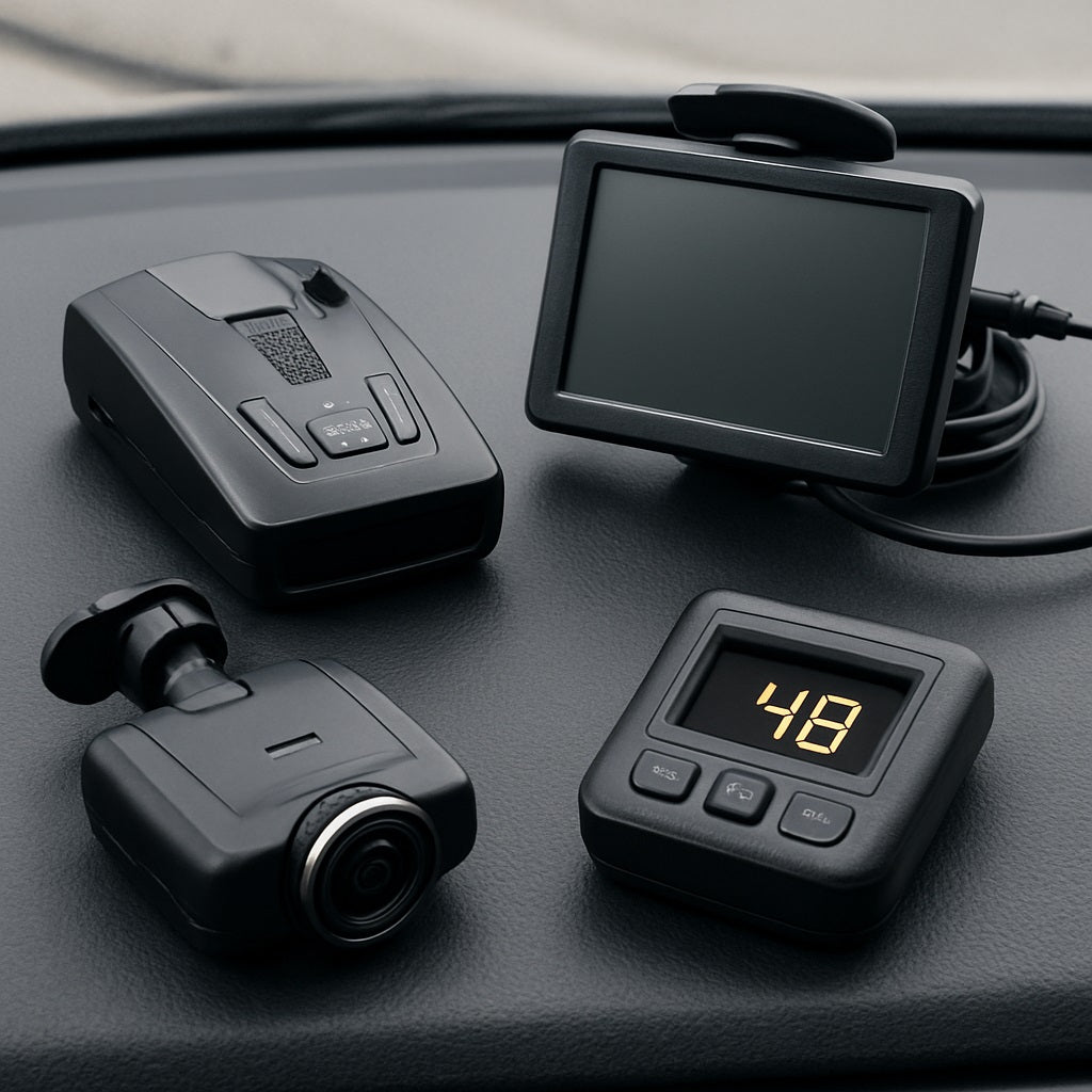 A flat lay of essential photography gear arranged neatly on a wooden surface, including a DSLR camera body, multiple lenses, a tripod, LED light,