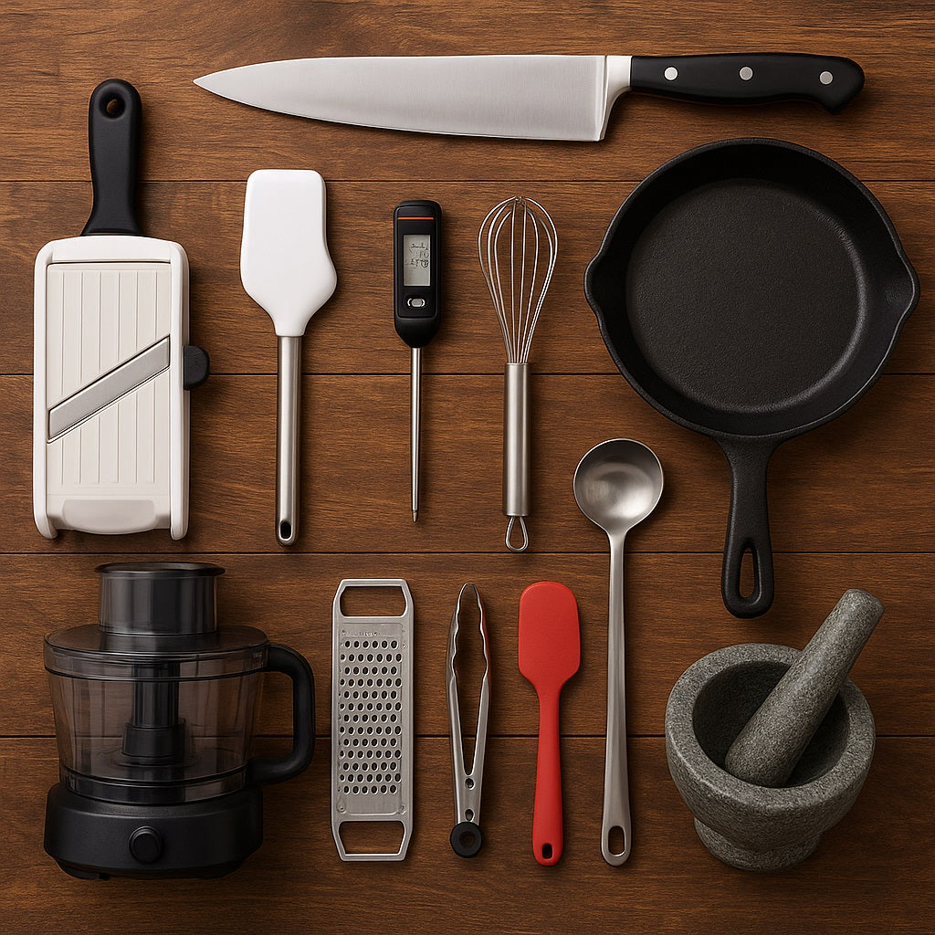 A flat lay of professional kitchen gadgets on a wooden surface, including a chef’s knife, mandoline slicer, silicone spatulas, digital thermometer, whisk, cast iron skillet