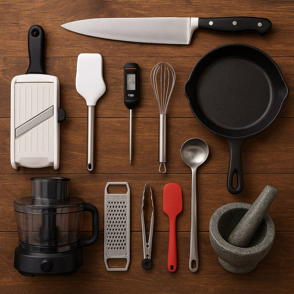 A flat lay of professional kitchen gadgets on a wooden surface, including a chef’s knife, mandoline slicer, silicone spatulas, digital thermometer, whisk, cast iron skillet
