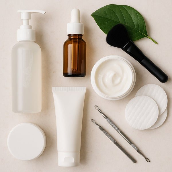 A flat lay of skincare essentials on a light marble surface, featuring a clear pump bottle, amber dropper bottle, white cream jar, tube, cotton pads, black makeup brush, 